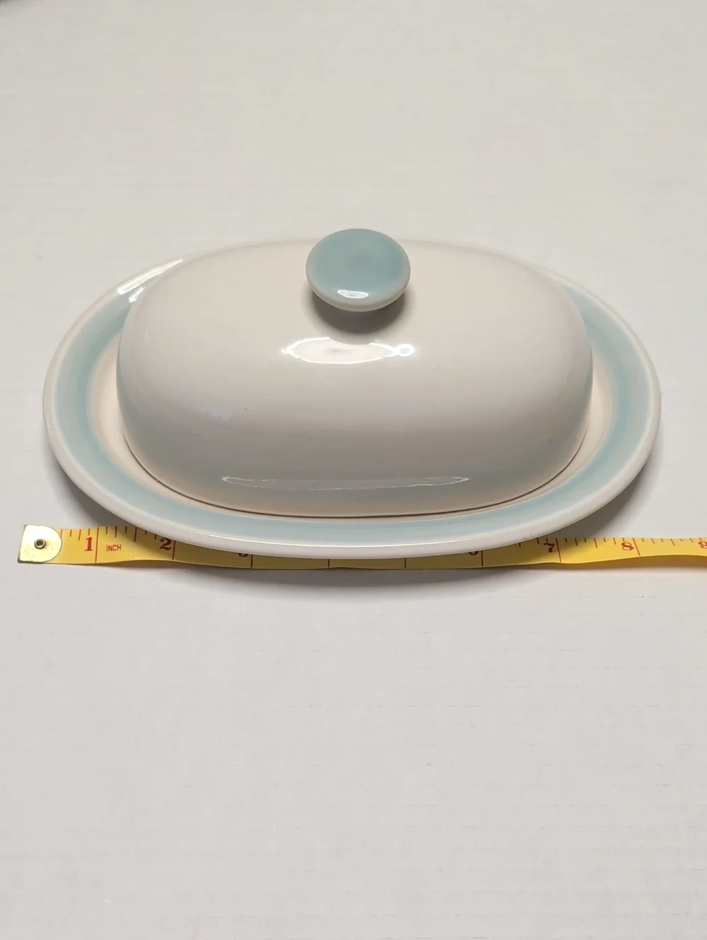 White Ceramic Butter Dish with Pale Blue Rim and Knob